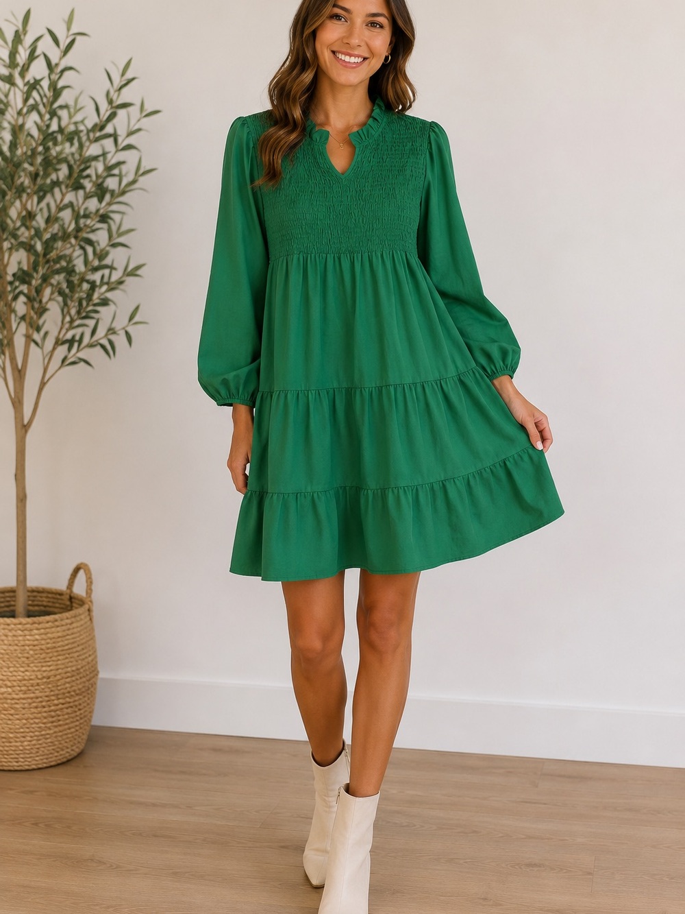 Emerald Green Smocked Tiered Dress Size Large Boho Cottagecore.